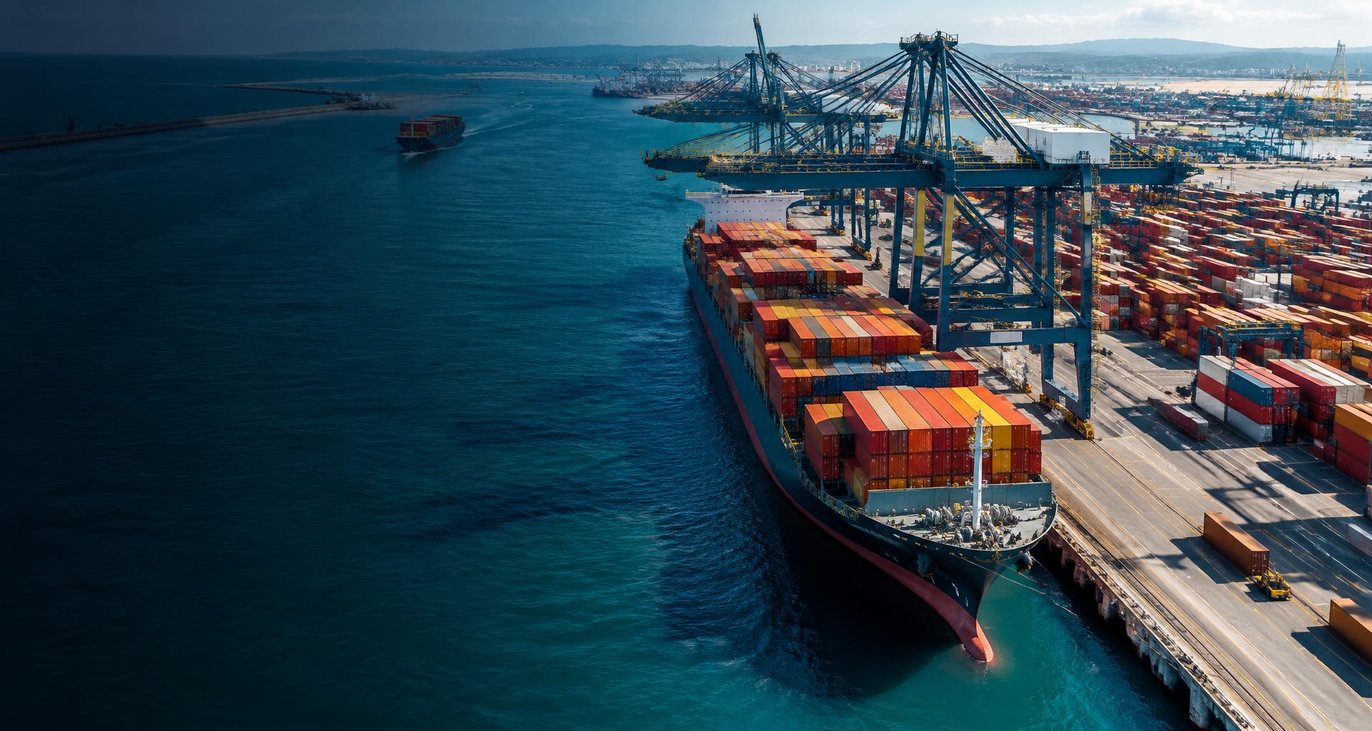 Container ship and cranes at a bustling maritime port